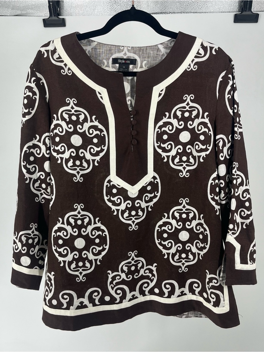 Style & Co. Brown and Cream Medallion V-Neck Tunic
